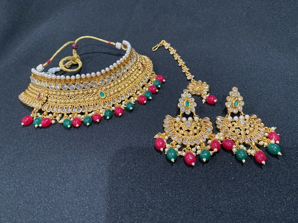 Red and Green Polki  ChokerNecklace Set
