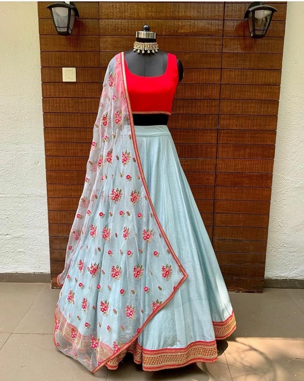 Lehenga in Light Blue and Red